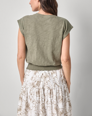 SMOCKED HEM V-NECK