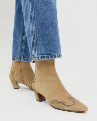 ASPEN EMBROIDERED KICKED HEEL ANKLE BOOT