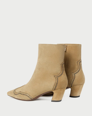ASPEN EMBROIDERED KICKED HEEL ANKLE BOOT
