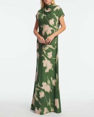 ABSTRACT FLORAL CREPE DRAPED GOWN