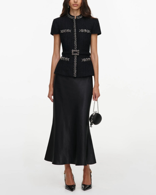 BOUCLE CRYSTAL TRIM SATIN MIDI DRESS