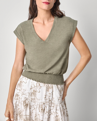 SMOCKED HEM V-NECK