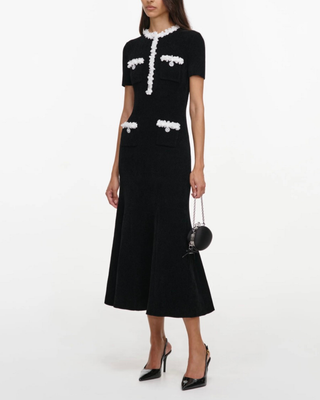 CHENILLE KNIT FLOWER TRIM MIDI DRESS