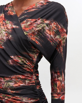 PRINTED SHINY JERSEY RUCHED DRESS