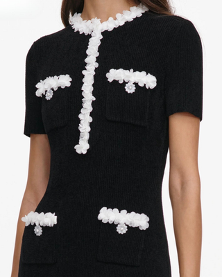 CHENILLE KNIT FLOWER TRIM MIDI DRESS