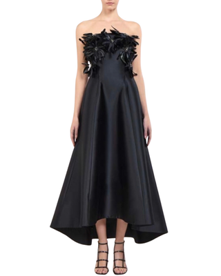 AVIELLE MIKADO STRAPLESS DRESS W/ FEATHER