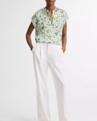 PAINTED GARDEN PLEATED CAP SLEEVE TOP