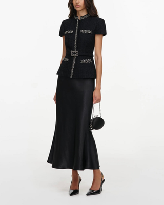 BOUCLE CRYSTAL TRIM SATIN MIDI DRESS