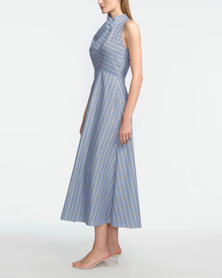 STRIPED HEATHERED COTTON DRAPED MIDI DRESS