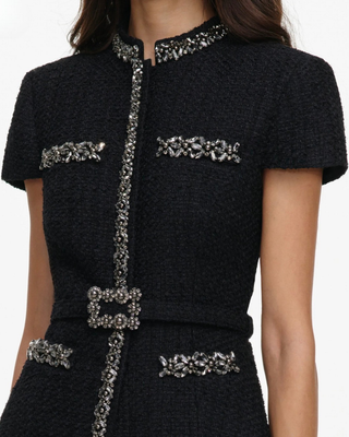 BOUCLE CRYSTAL TRIM SATIN MIDI DRESS