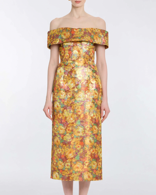 Gloria Golden Metallic Floral Brocade Midi Dress Gloria Golden Metallic Floral Brocade Midi Dress