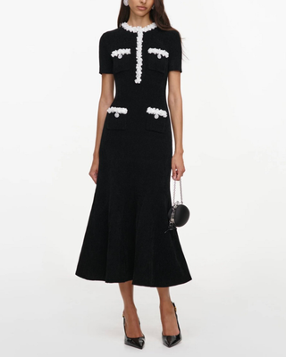 CHENILLE KNIT FLOWER TRIM MIDI DRESS