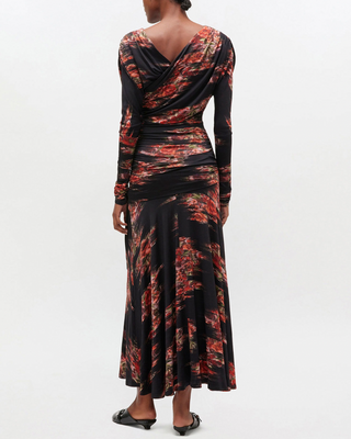 PRINTED SHINY JERSEY RUCHED DRESS