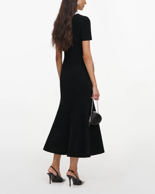 CHENILLE KNIT FLOWER TRIM MIDI DRESS