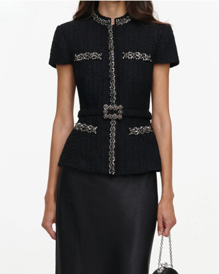 BOUCLE CRYSTAL TRIM SATIN MIDI DRESS