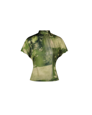 FLORAL STRETCH SATIN MOCK NECK TOP