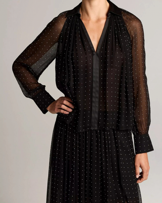 HEAT SET DOT SHEER GATHERED BLOUSE