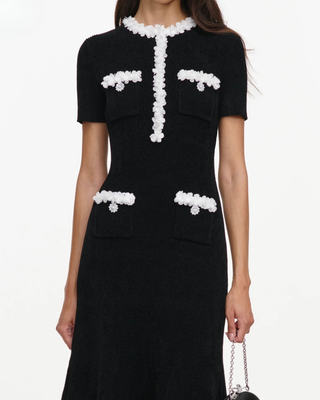CHENILLE KNIT FLOWER TRIM MIDI DRESS