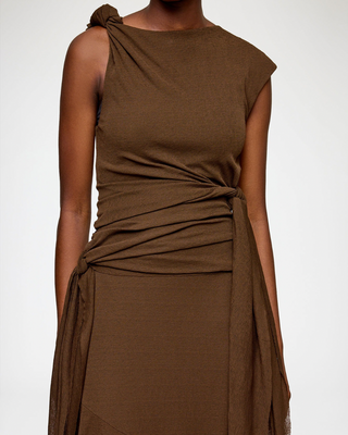 MARL MESH DRAPED KNOT LONG DRESS