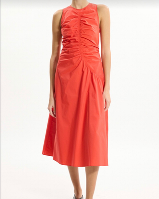 Theory Ruched Asymmetrical Midi Dress In Cotton-Blend In Poppe Red, Size 10 Au