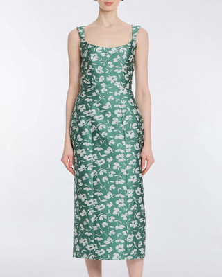Numa Green and White Floral Brocade Corset Midi Dress Numa Green and White Floral Brocade Corset Midi Dress