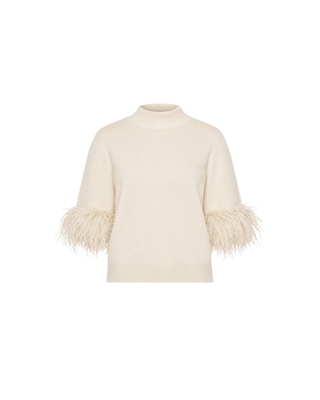 SHORT SLEEVE FEATHER MOCK NECK SWEATER