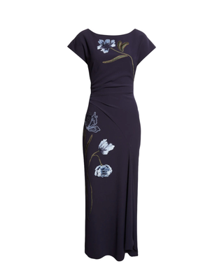 FLORAL CORD EMBROIDERED FLUID CREPE CASCADE DRESS