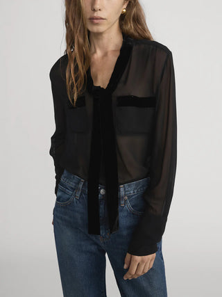 VELVET TRIM MODERN TIE BLOUSE