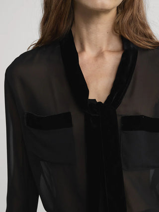 VELVET TRIM MODERN TIE BLOUSE
