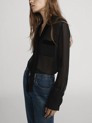 VELVET TRIM MODERN TIE BLOUSE