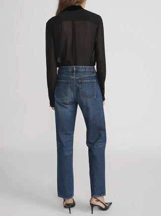 VELVET TRIM MODERN TIE BLOUSE